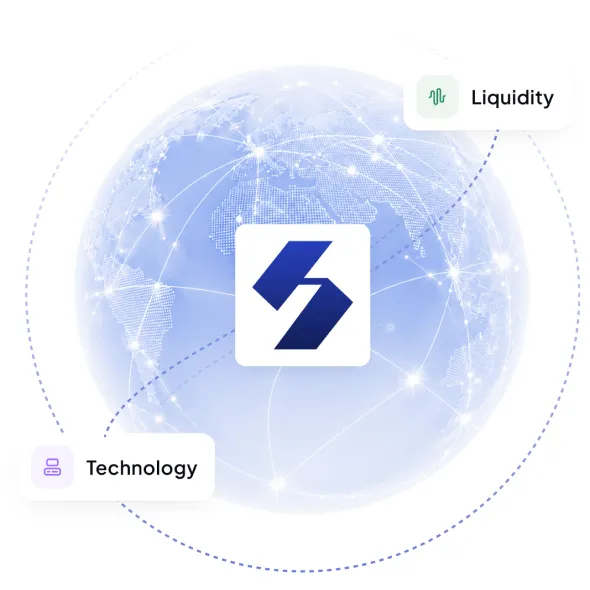 Global connectivity graphic with Hanabi Markets logo, Liquidity and Technology tags