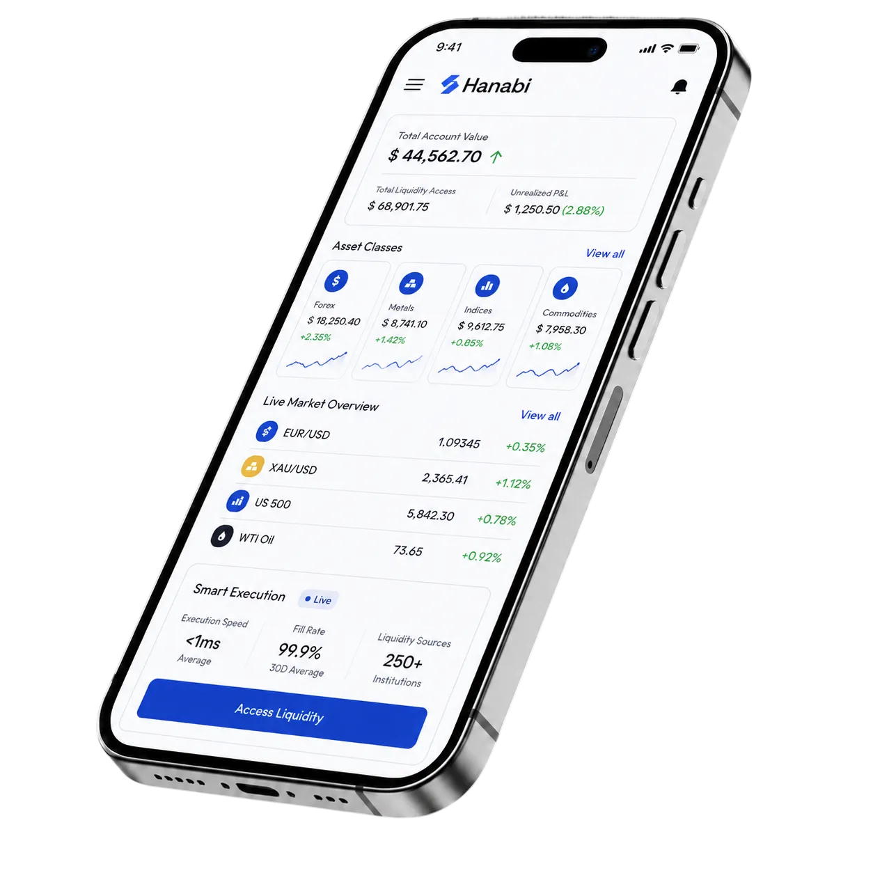 Hanabi trading app showing live multi-asset liquidity