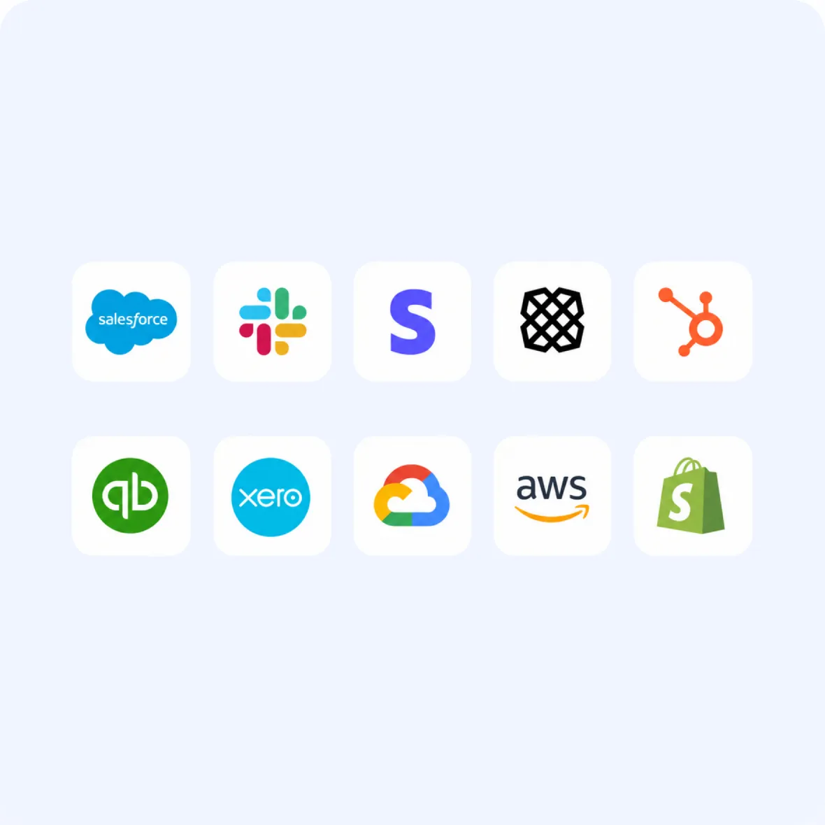 Integration logos including Salesforce, Slack, Stripe, AWS and more