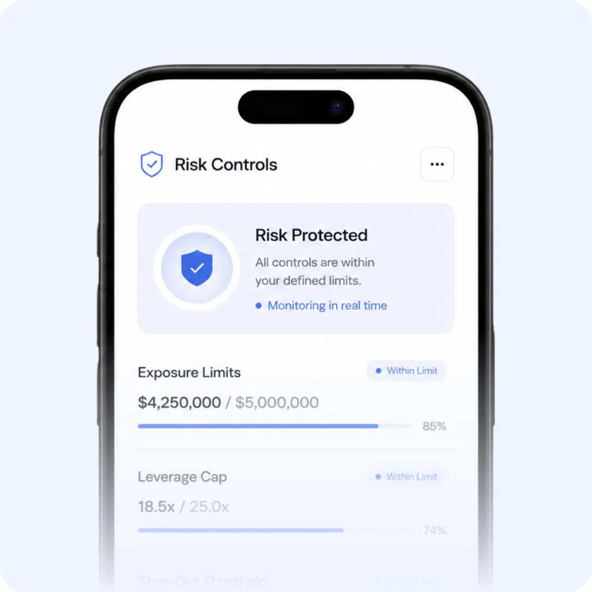 Mobile risk controls dashboard showing exposure limits and leverage caps