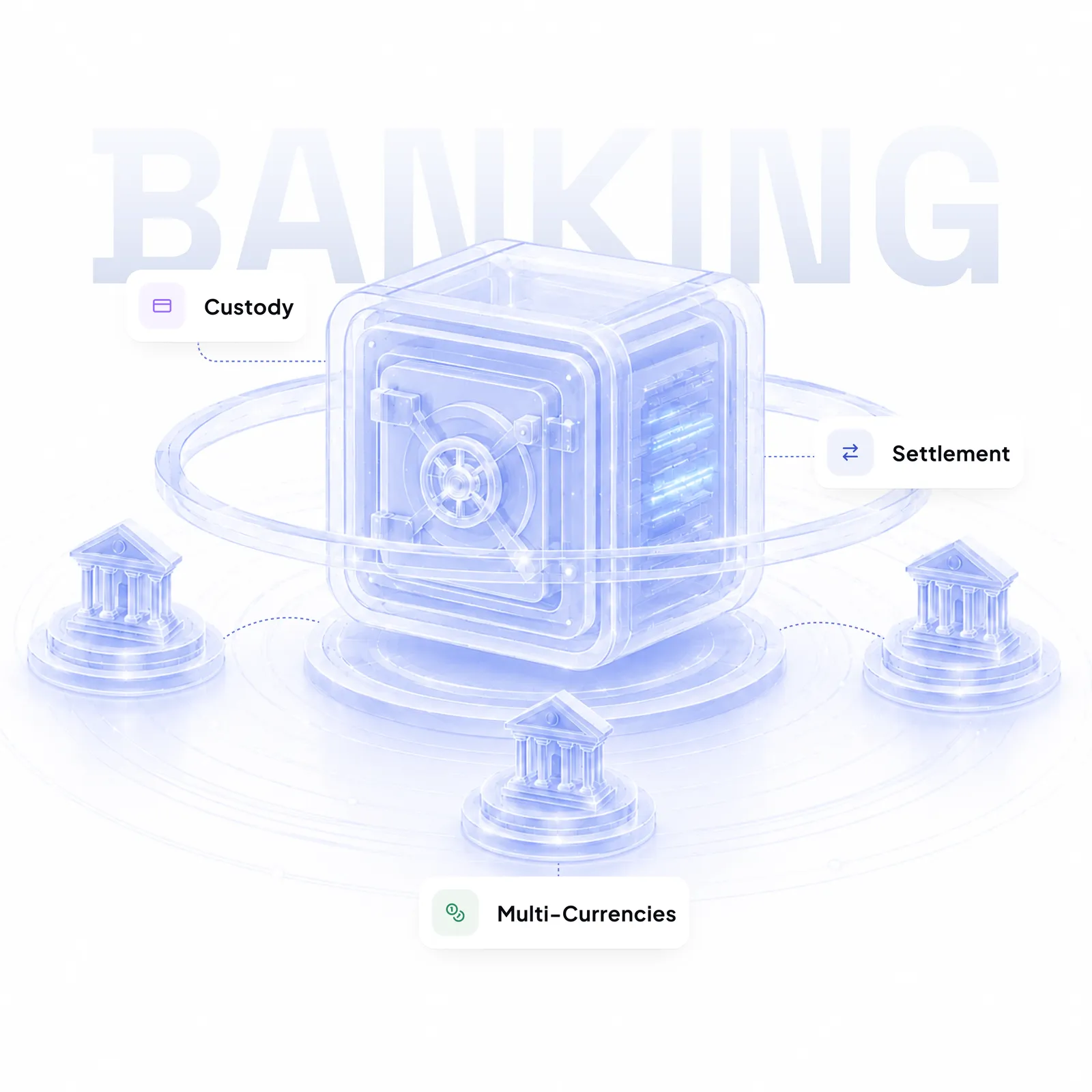 3D illustration of banking vault with custody, settlement, and multi-currency access
